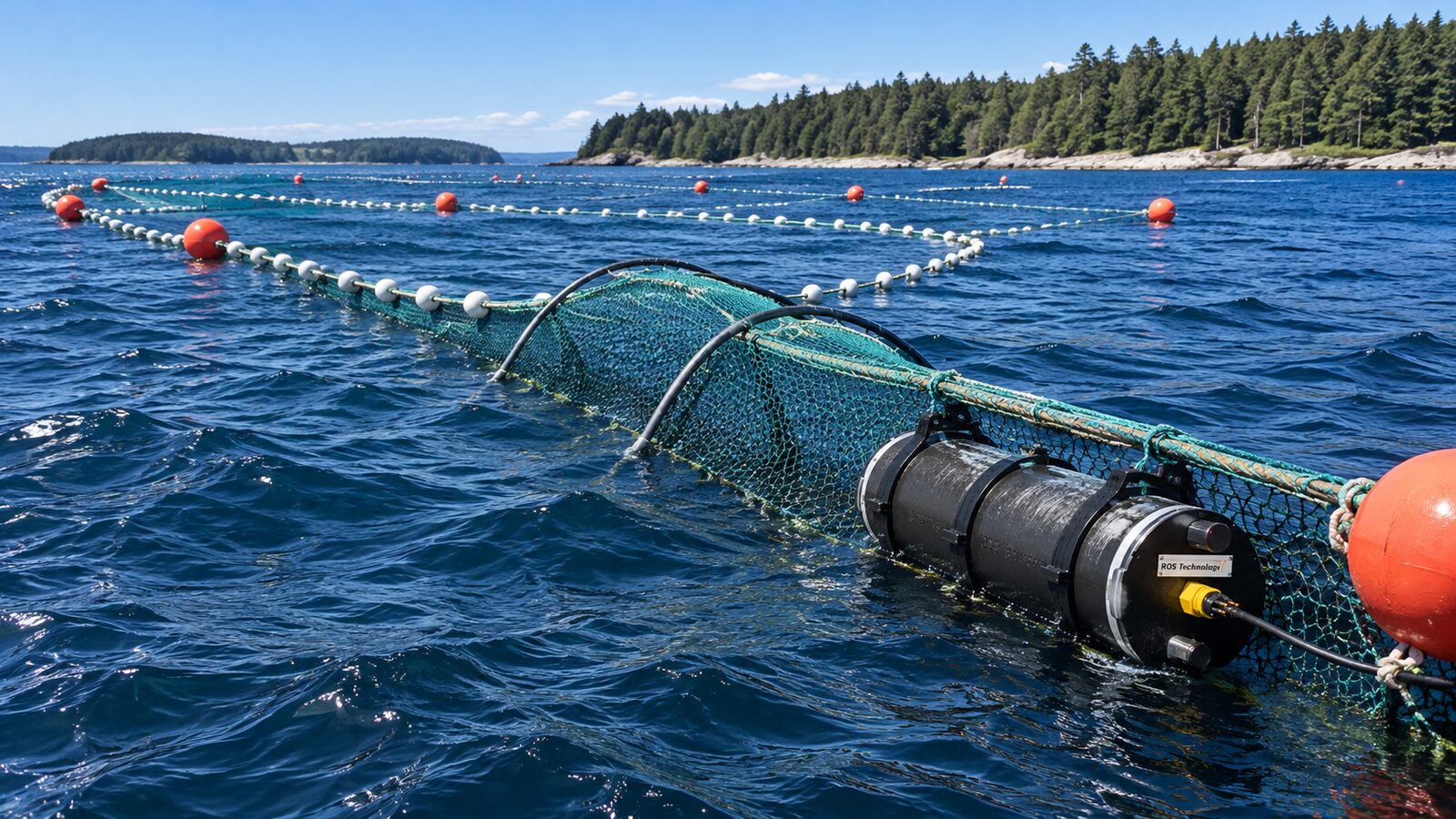 NETSAFE acoustic deterrent mounted on a salmon farm net at sea